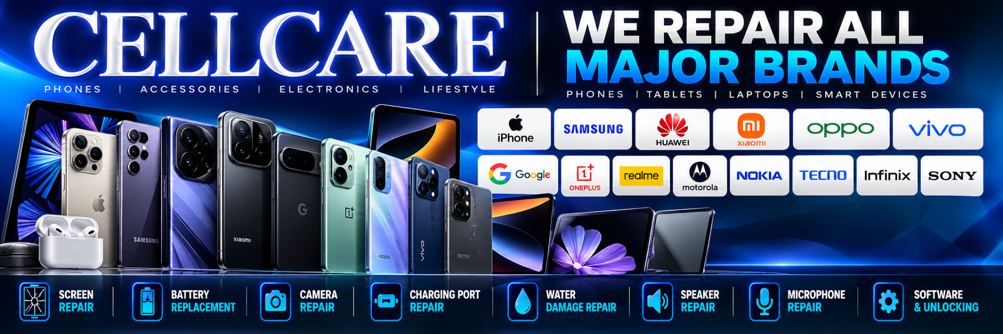 CELLCARE — We repair all major brands of phones, tablets, laptops and smart devices