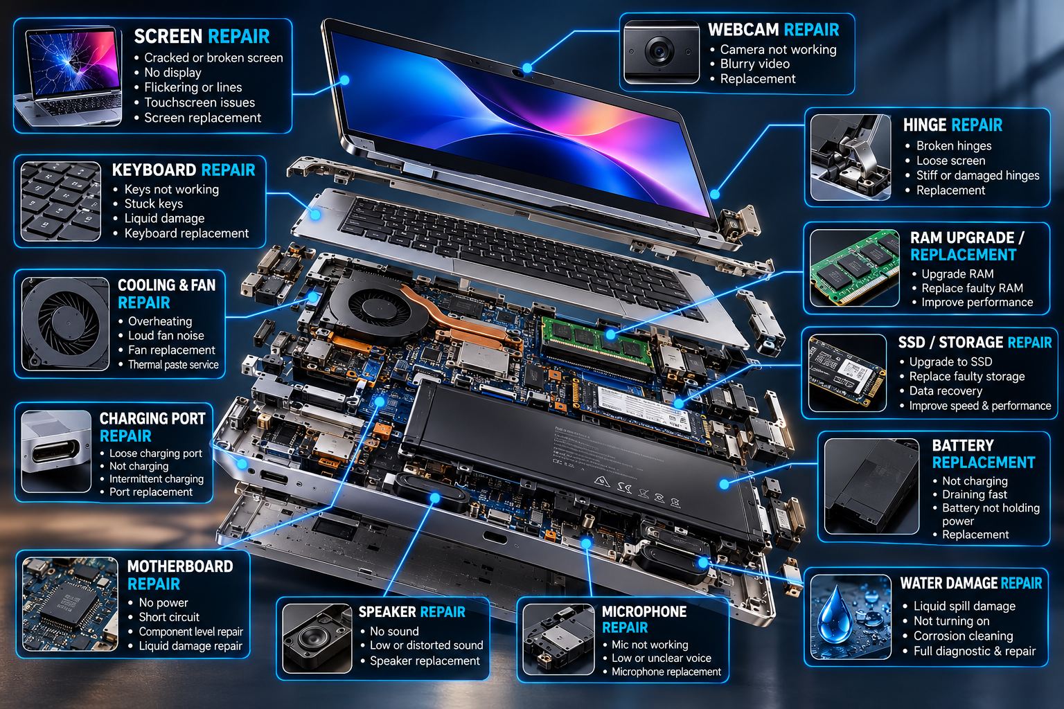 Exploded laptop diagram with labelled screen, keyboard, fan, motherboard, RAM, SSD, webcam, hinges, battery, charging port, speaker and microphone repair areas
