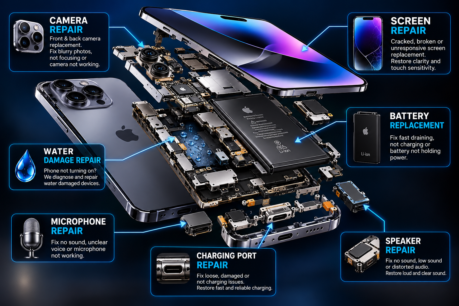 Exploded smartphone diagram with labelled screen, camera, battery, charging port, speaker, microphone and water damage repair areas